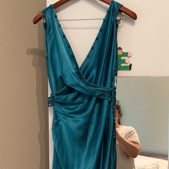 Teal Satin Evening Gown with Buttons - Picture 6 of 8